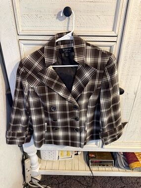 Signature by Larry Levine Brown and White Plaid Double-Breasted Blazer
